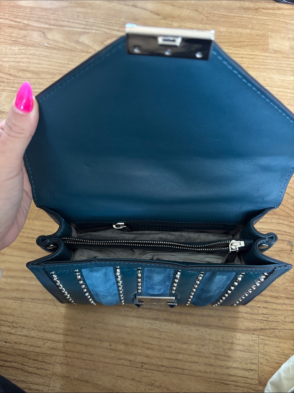 Michael Kora Teal and Studs Chain-Shoulder Crossbody Bag - Picture 7 of 11